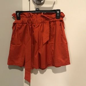 Burnt orange paper bag shorts with a matching belt